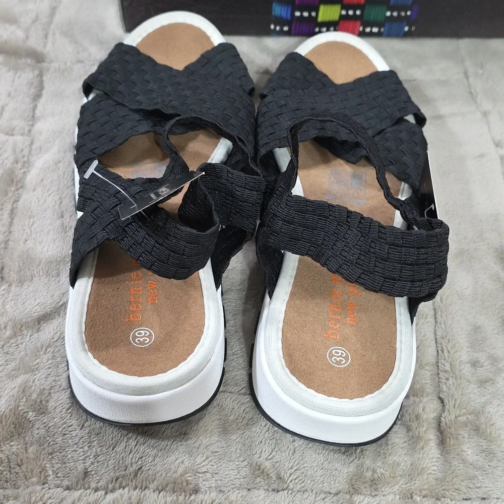 NEW Bernie Mev Kaia Sandals Black/Cream Womens‎ Strappy Stretch Memory Foam 39/8